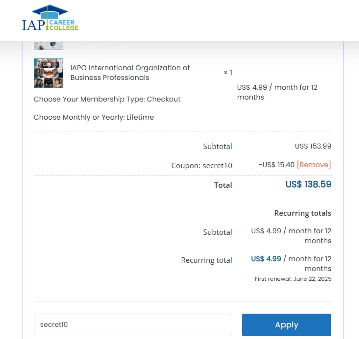 IAP Career College coupon code screenshot showing code secret10 applied at IAP Career College checkout page. Uploaded by SimplyCodes community member GEYTER on May 23, 2025