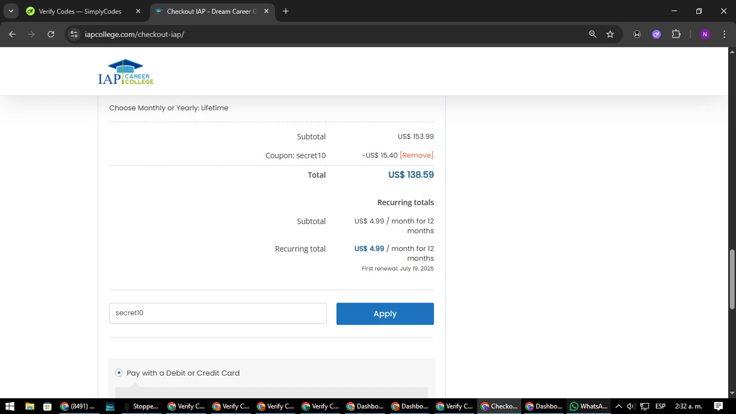 IAP Career College coupon code screenshot showing code secret10 applied at IAP Career College checkout page. Uploaded by SimplyCodes community member NATAAAAAANAELCANO on Jun 20, 2025