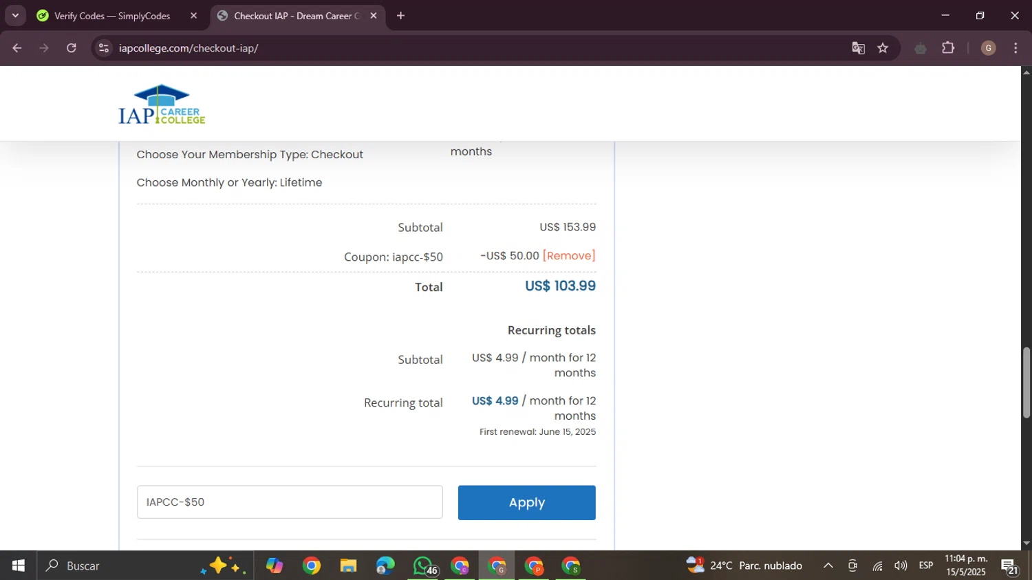 IAP Career College coupon code screenshot showing code IAPCC-$50 applied at IAP Career College checkout page. Uploaded by SimplyCodes community member BrilliantTracker4207 on May 16, 2025