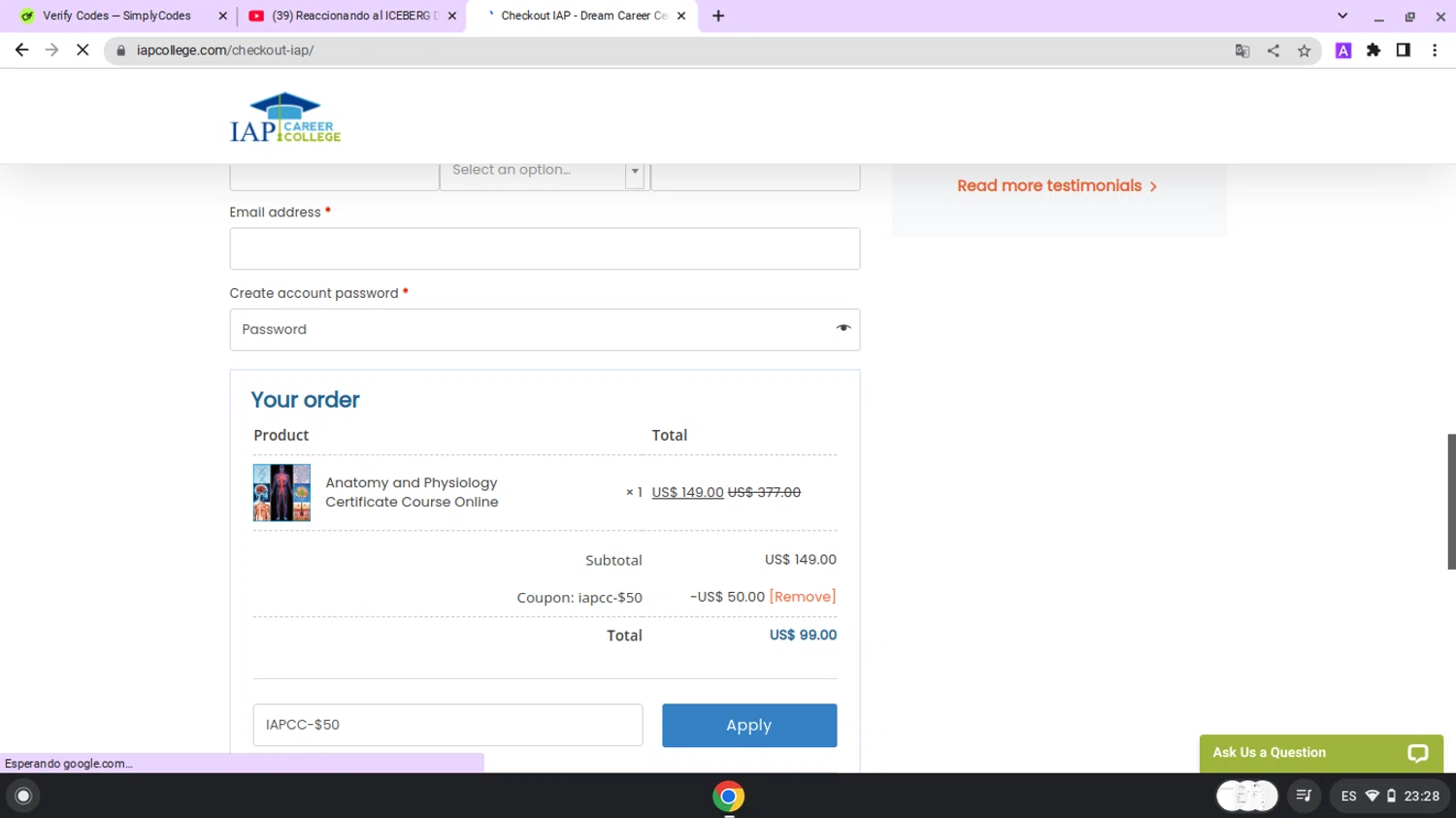 IAP Career College coupon code screenshot showing code IAPCC-$50 applied at IAP Career College checkout page. Uploaded by SimplyCodes community member lapampita on May 23, 2025