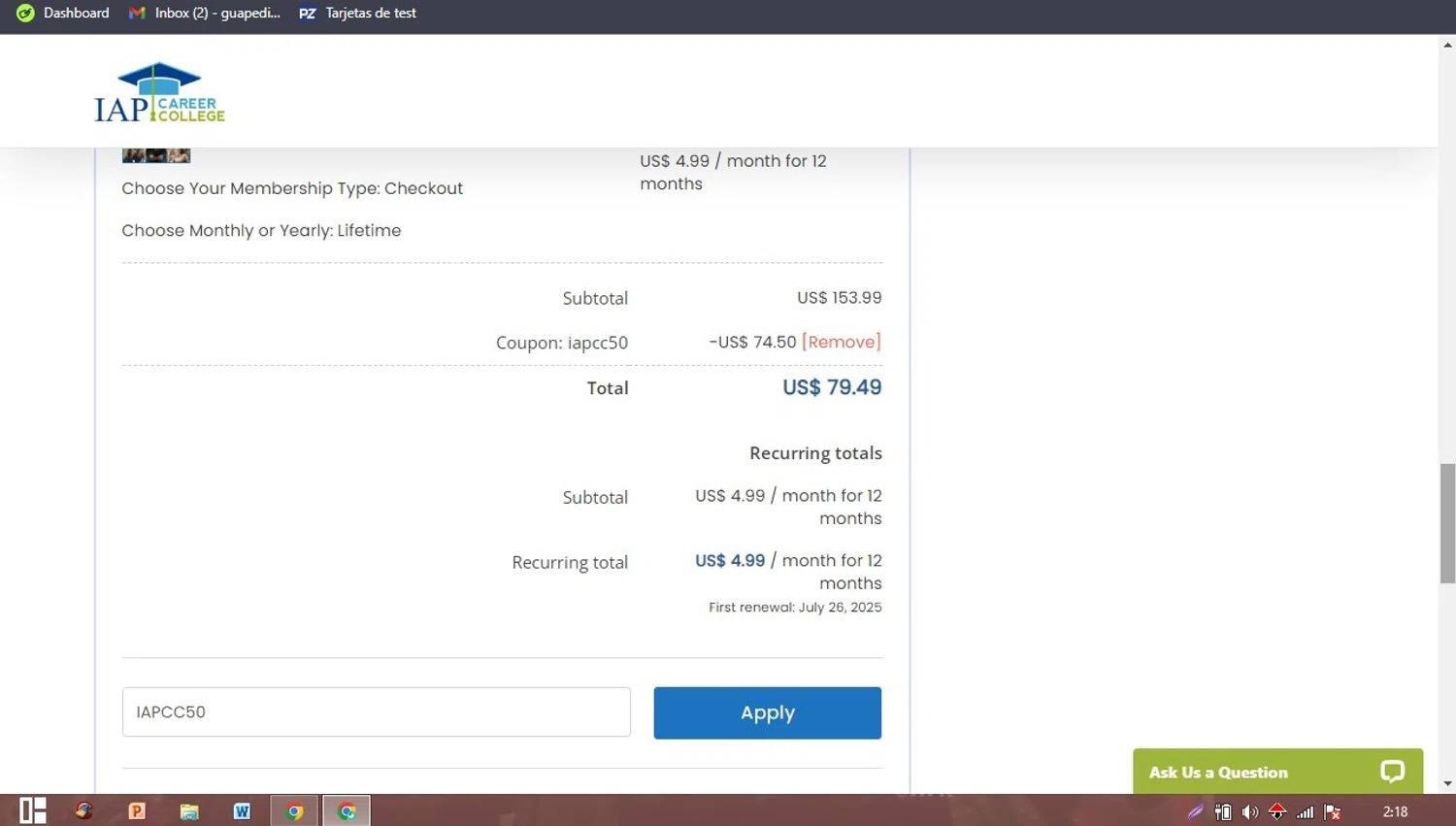 IAP Career College coupon code screenshot showing code IAPCC50 applied at IAP Career College checkout page. Uploaded by SimplyCodes community member PaticoBel on Jun 27, 2025
