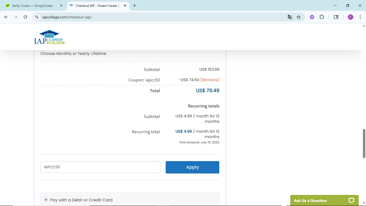 IAP Career College coupon code screenshot showing code IAPCC50 applied at IAP Career College checkout page. Uploaded by SimplyCodes community member ShieldTitan6985 on Jun 20, 2025