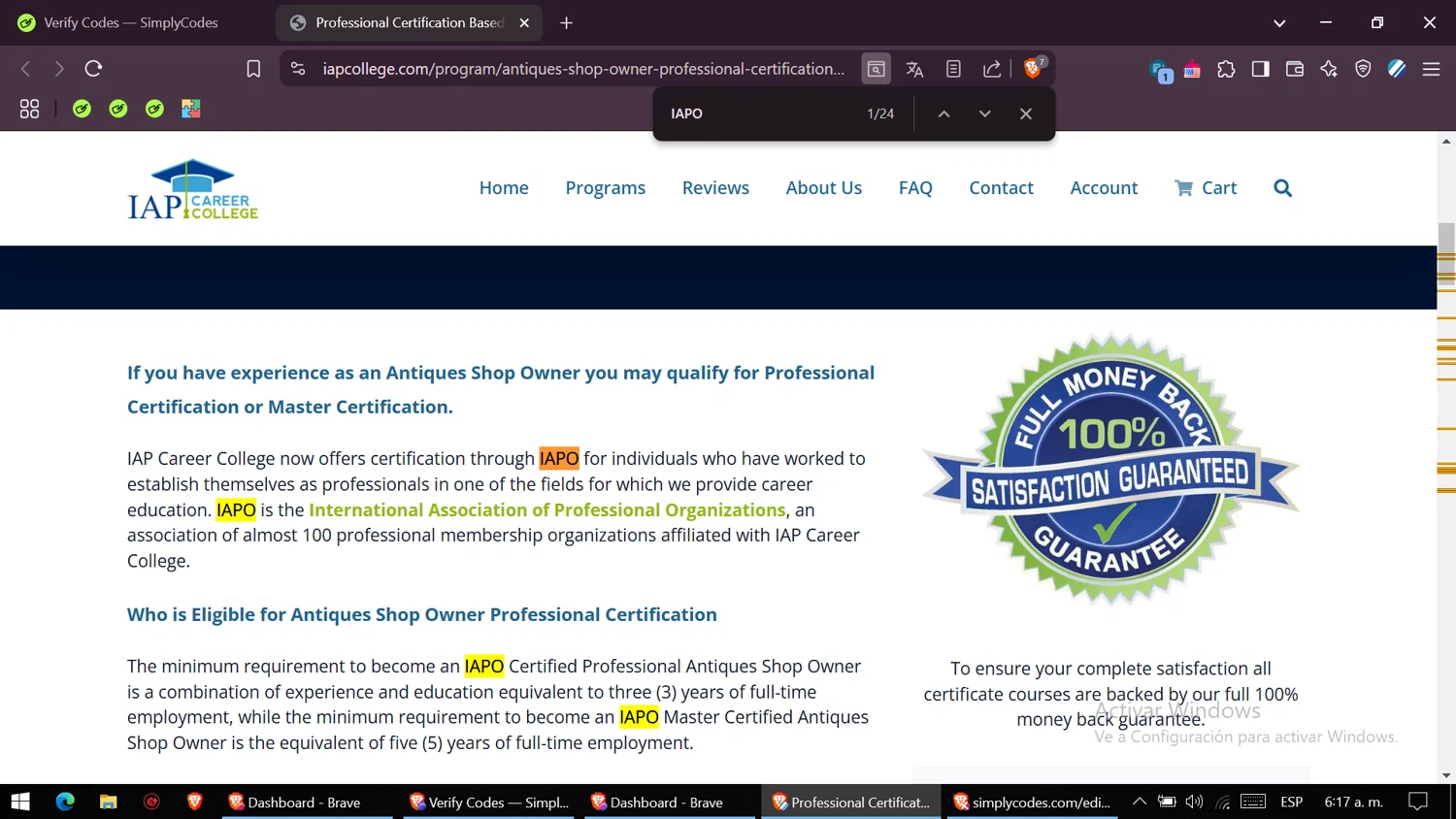 IAP Career College coupon code screenshot showing code IAPO applied at IAP Career College checkout page. Uploaded by SimplyCodes community member VictoriousSaver2809 on Mar 3, 2025