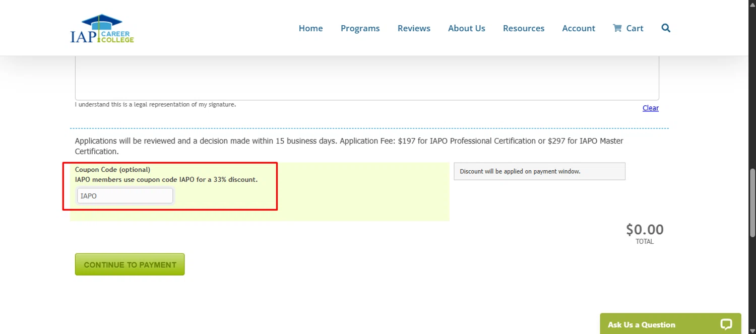 IAP Career College promo code screenshot showing code IAPO applied at IAP Career College checkout page. Uploaded by SimplyCodes community member noworries on Jan 17, 2026