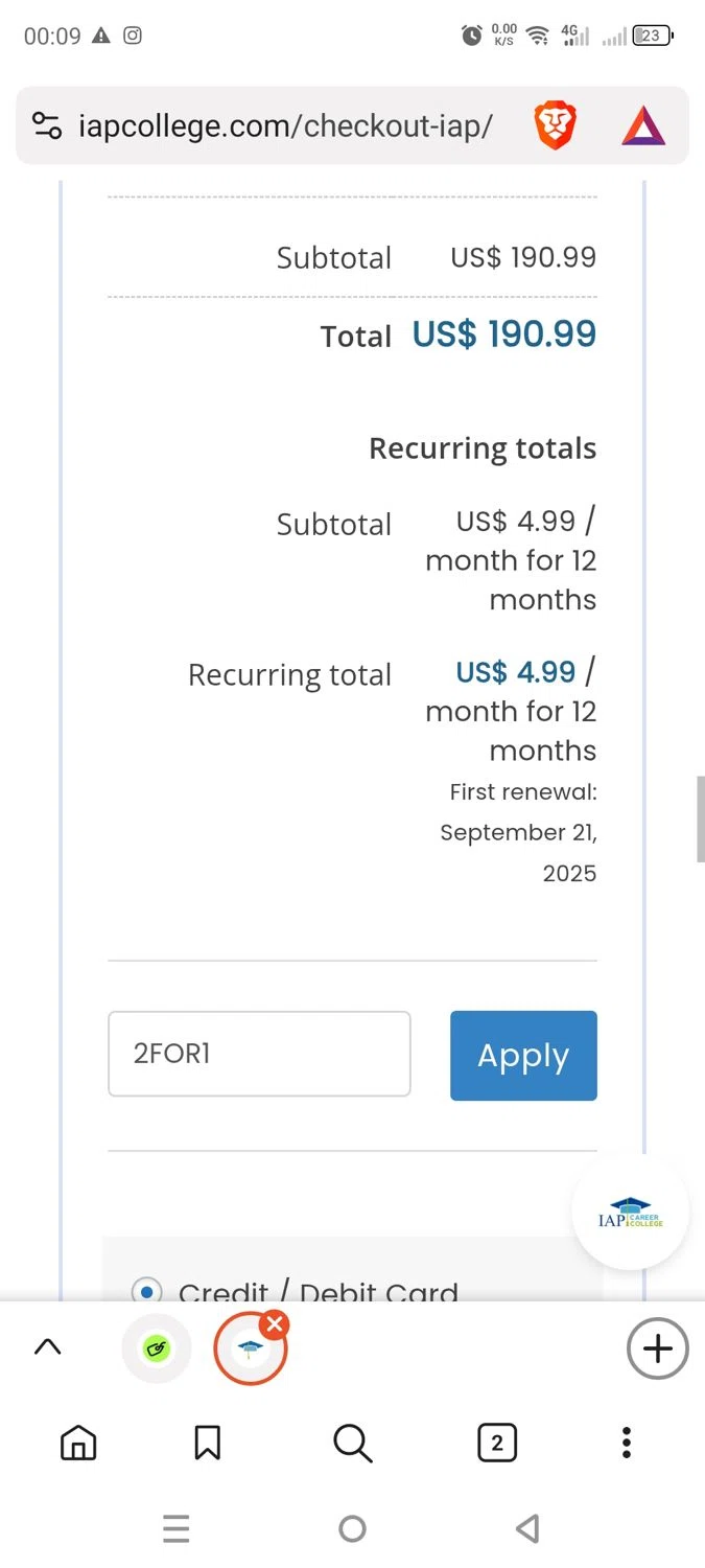 IAP Career College checkout page showing IAP Career College coupon code box | Screenshot taken by SimplyCodes community member on Aug 22, 2025