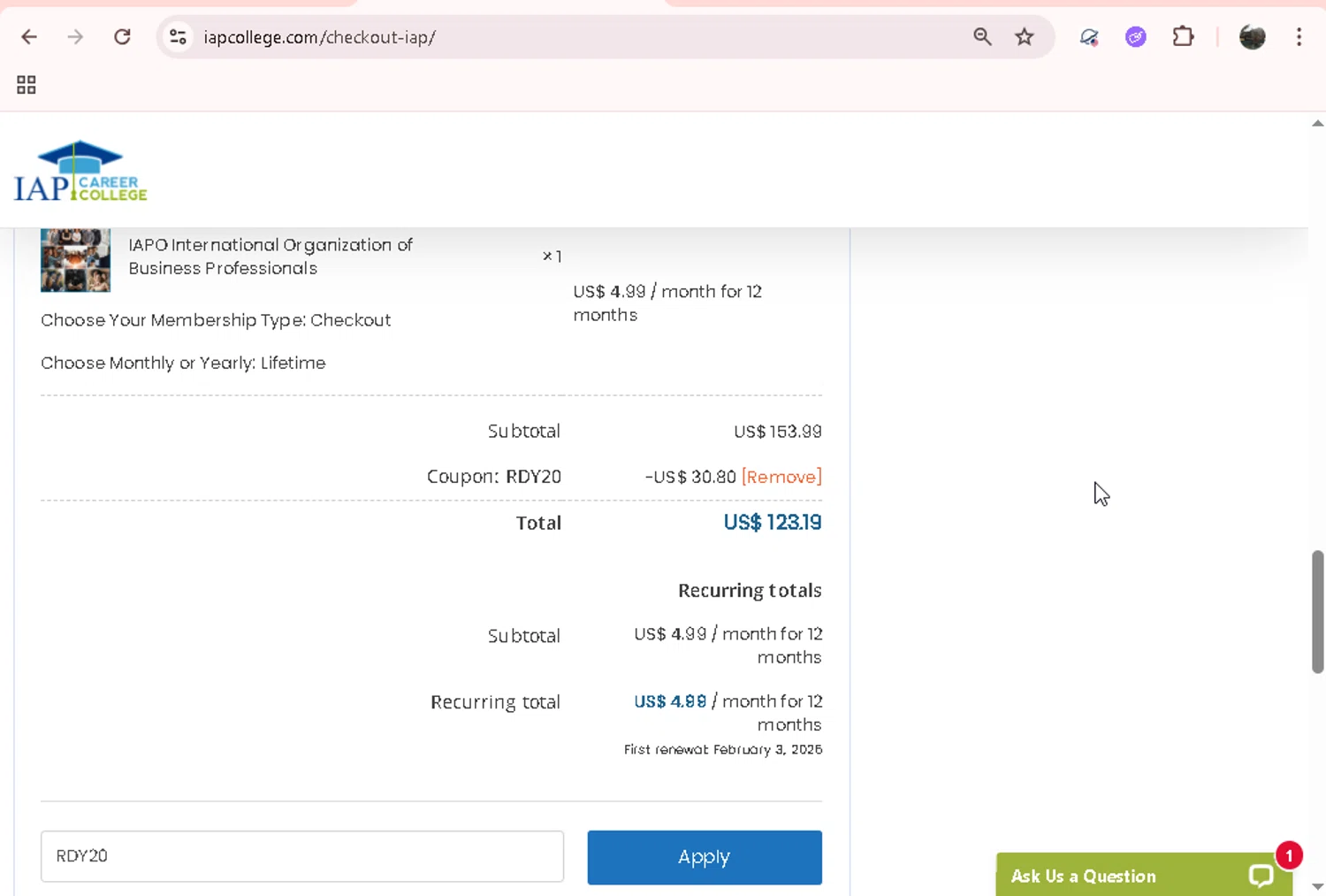 IAP Career College checkout page showing IAP Career College coupon code box | Screenshot taken by SimplyCodes community member on Jan 3, 2026
