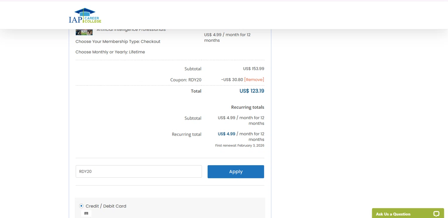 IAP Career College checkout page showing IAP Career College coupon code box | Screenshot taken by SimplyCodes community member on Jan 3, 2026
