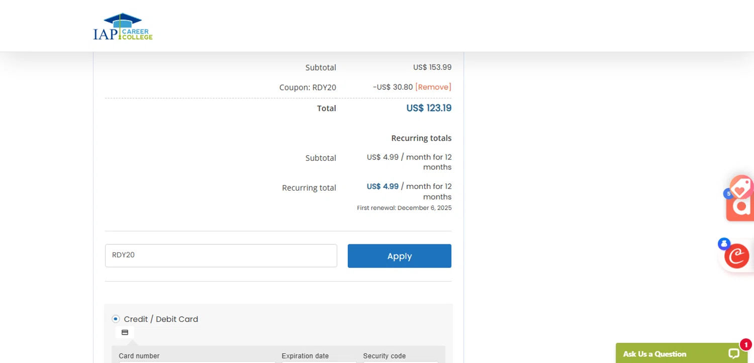 IAP Career College coupon code screenshot showing code RDY20 applied at IAP Career College checkout page. Uploaded by SimplyCodes community member ESTHER3121 on Nov 6, 2025