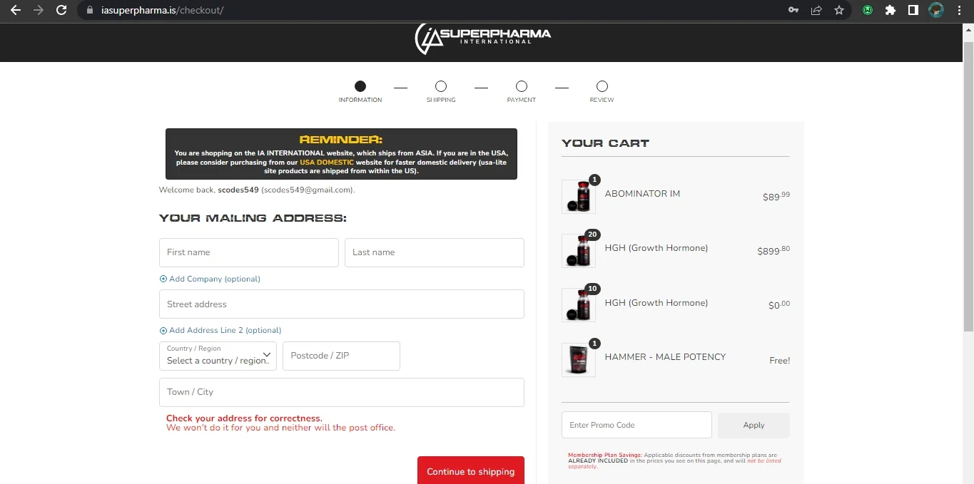 IA Superpharma checkout page showing IA Superpharma promo code box | Screenshot taken by SimplyCodes community member on May 20, 2023