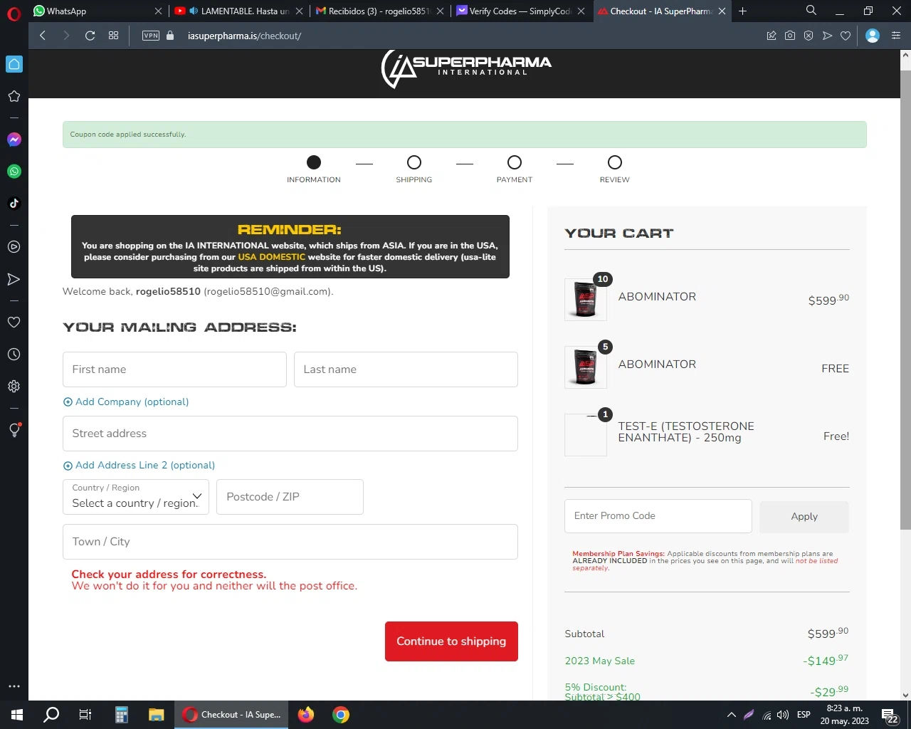 IA Superpharma checkout page showing IA Superpharma promo code box | Screenshot taken by SimplyCodes community member on May 20, 2023