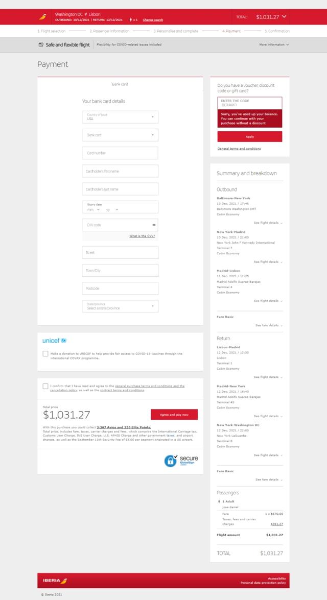 Iberia checkout page showing Iberia discount code box | Screenshot taken by SimplyCodes community member on Dec 7, 2021