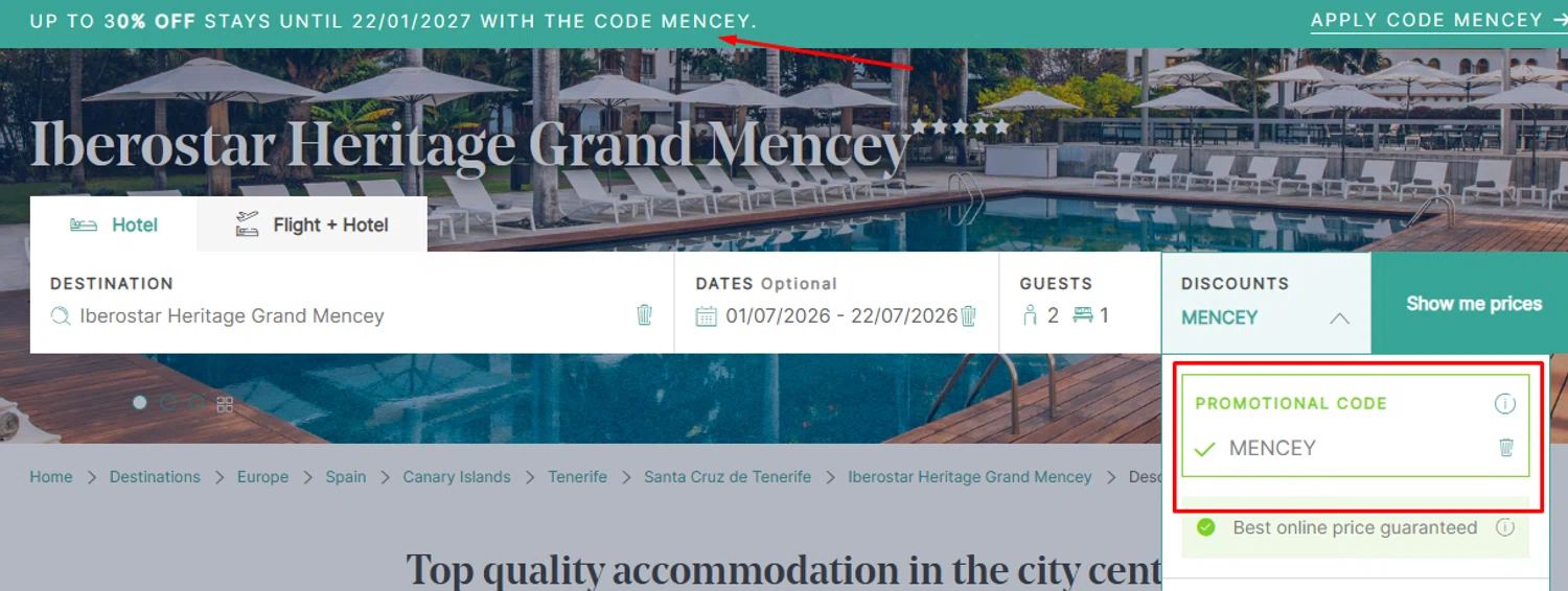 IBEROSTAR promo code screenshot showing code MENCEY applied at IBEROSTAR checkout page. Uploaded by SimplyCodes community member SilverMakeup on Jun 11, 2026