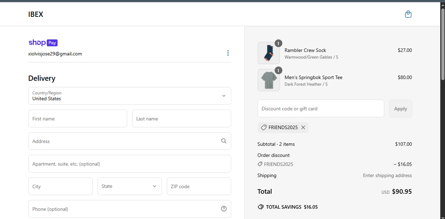 Ibex promo code screenshot showing code FRIENDS2025 applied at Ibex checkout page. Uploaded by SimplyCodes community member Xiooh292929 on Apr 25, 2025