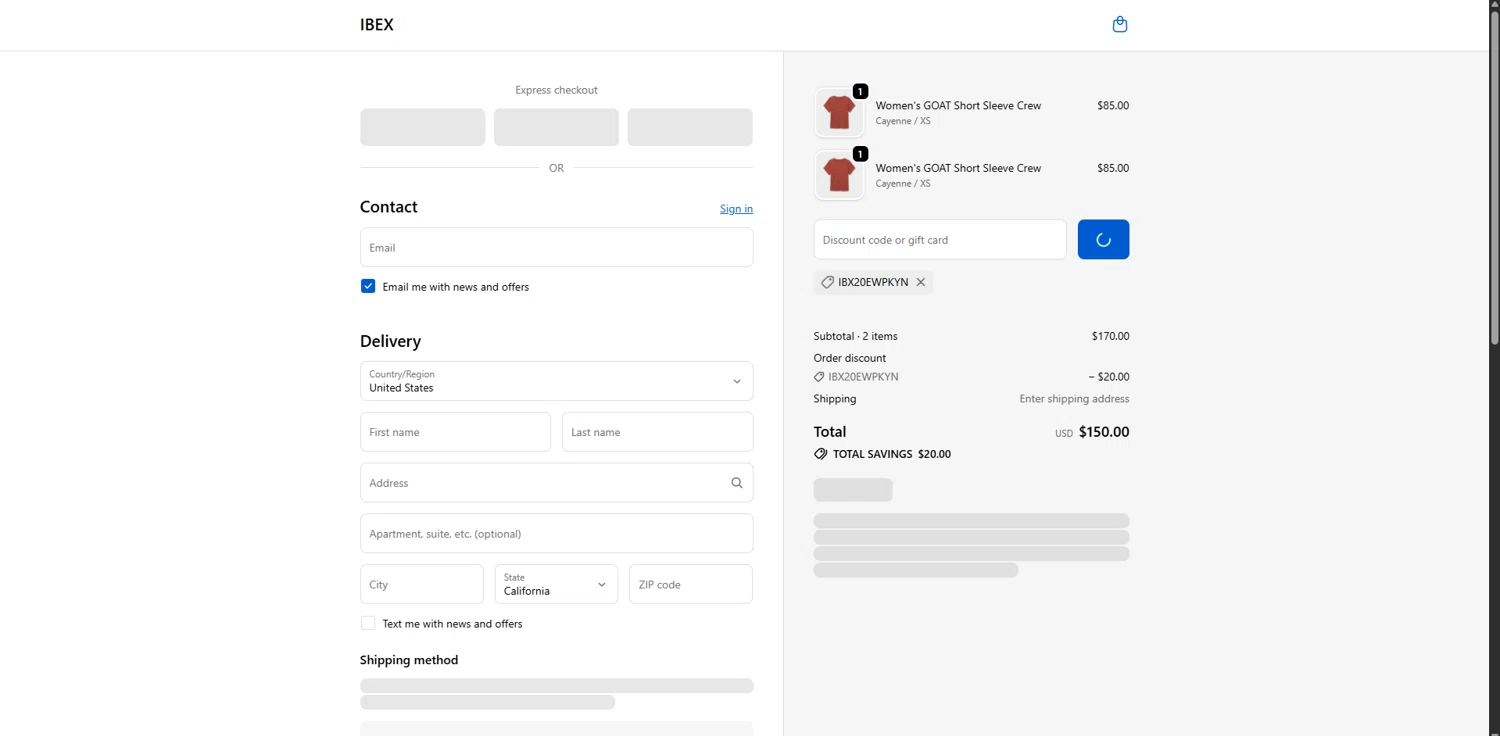 Ibex promo code screenshot showing code IBX20EWPKYN applied at Ibex checkout page. Uploaded by SimplyCodes community member SwiftPhoenix267 on Nov 23, 2025