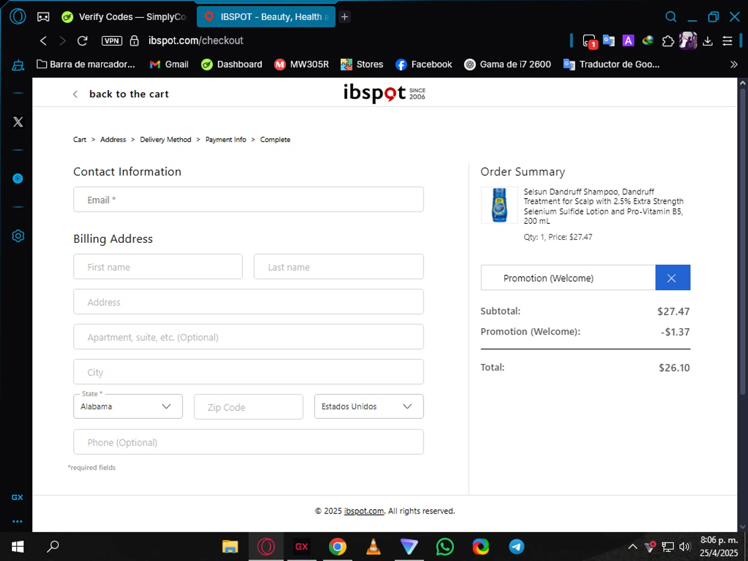 Ibspot coupon code screenshot showing code WELCOME5 applied at Ibspot checkout page. Uploaded by SimplyCodes community member Jonaiver on Apr 26, 2025