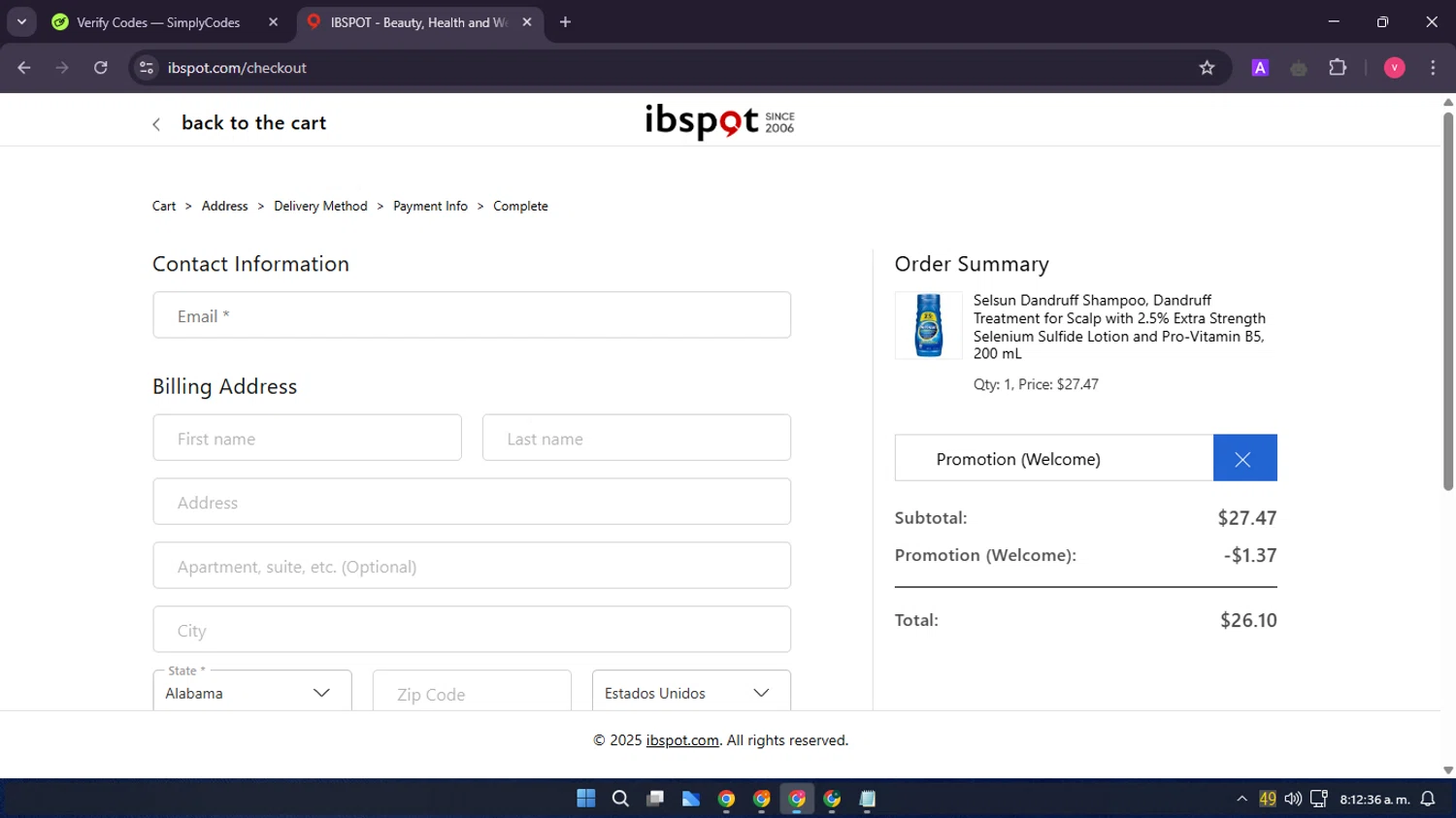 Ibspot coupon code screenshot showing code WELCOME5 applied at Ibspot checkout page. Uploaded by SimplyCodes community member GloriousMaestro4930 on Apr 7, 2025