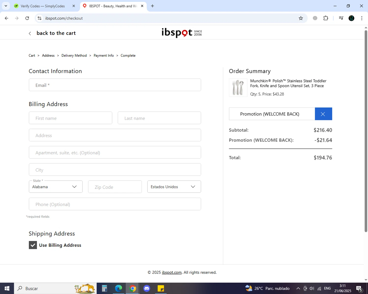Ibspot coupon code screenshot showing code WelcomeBack10 applied at Ibspot checkout page. Uploaded by SimplyCodes community member MoneyGenius452 on Jun 21, 2025