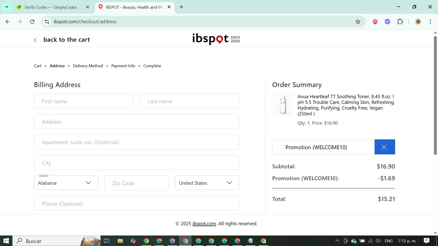 Ibspot coupon code screenshot showing code WELCOME10 applied at Ibspot checkout page. Uploaded by SimplyCodes community member ABUSAMADRES_ on Sep 11, 2025