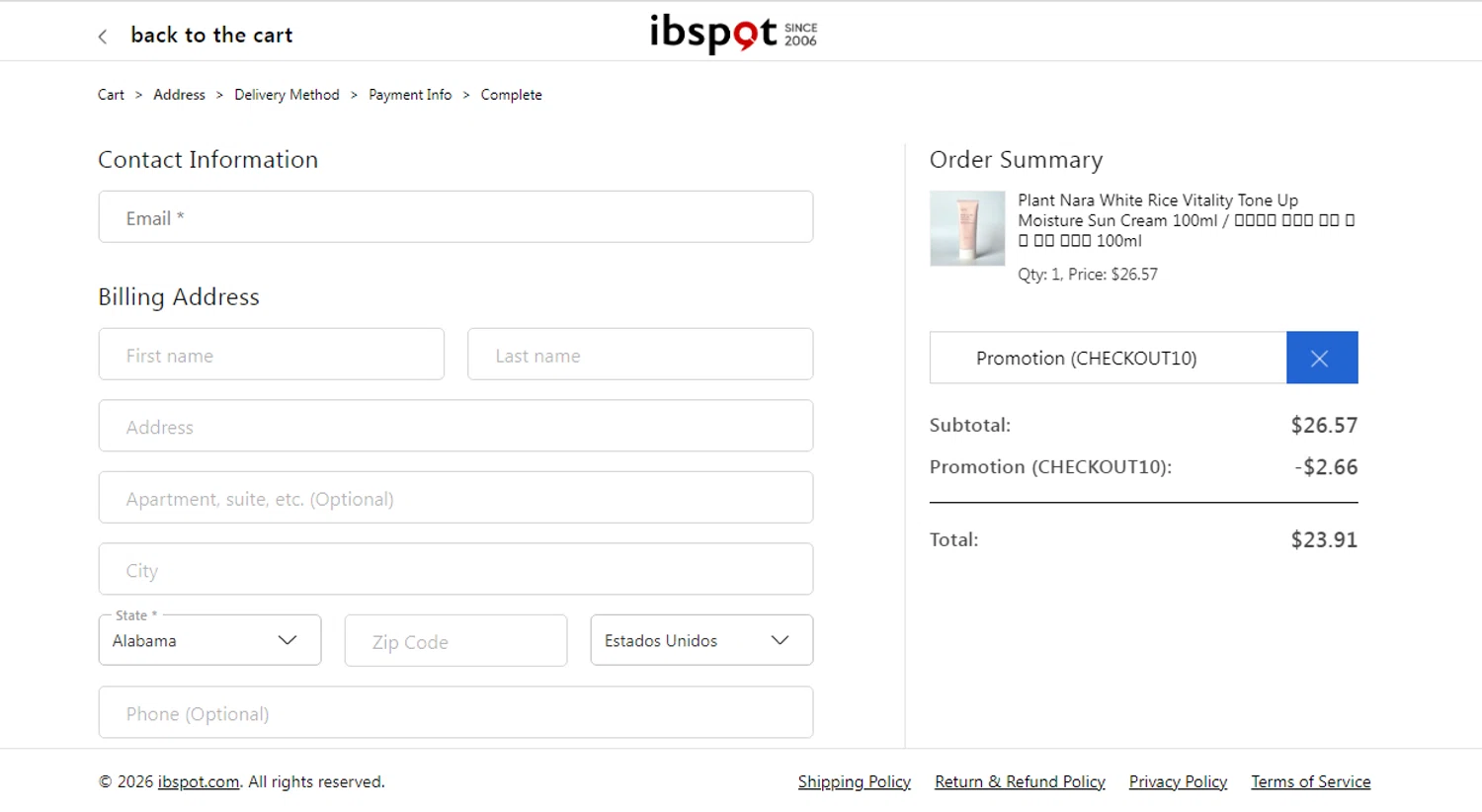 Ibspot coupon code screenshot showing code CHECKOUT10 applied at Ibspot checkout page. Uploaded by SimplyCodes community member SmartSaver7916 on Jan 26, 2026