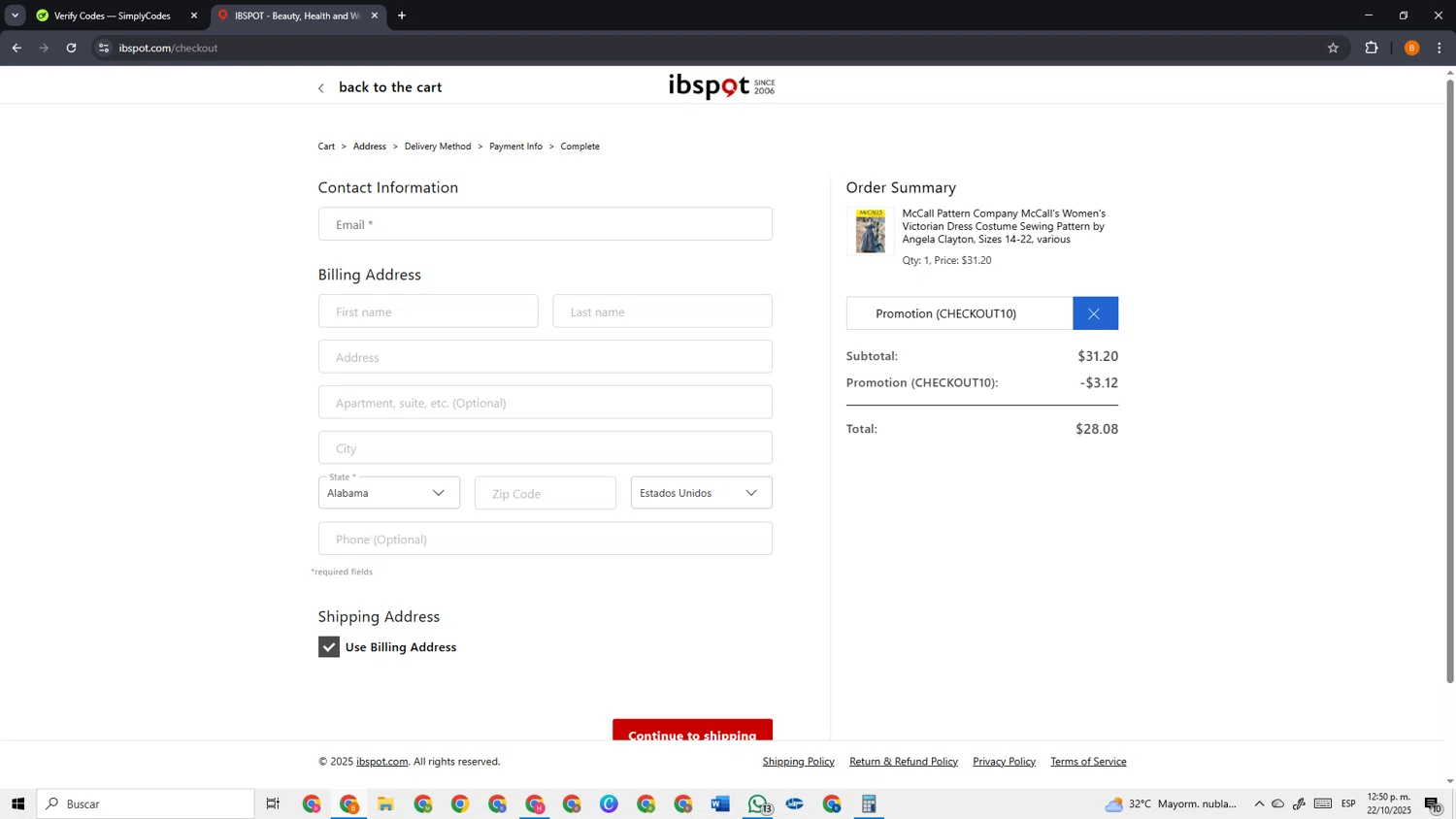 Ibspot coupon code screenshot showing code CHECKOUT10 applied at Ibspot checkout page. Uploaded by SimplyCodes community member VoucherSage2253 on Oct 22, 2025