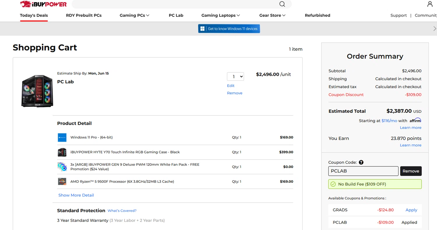 iBUYPOWER promo code screenshot showing code PCLAB applied at iBUYPOWER checkout page. Uploaded by SimplyCodes community member valeriaantonieta on Jun 8, 2026