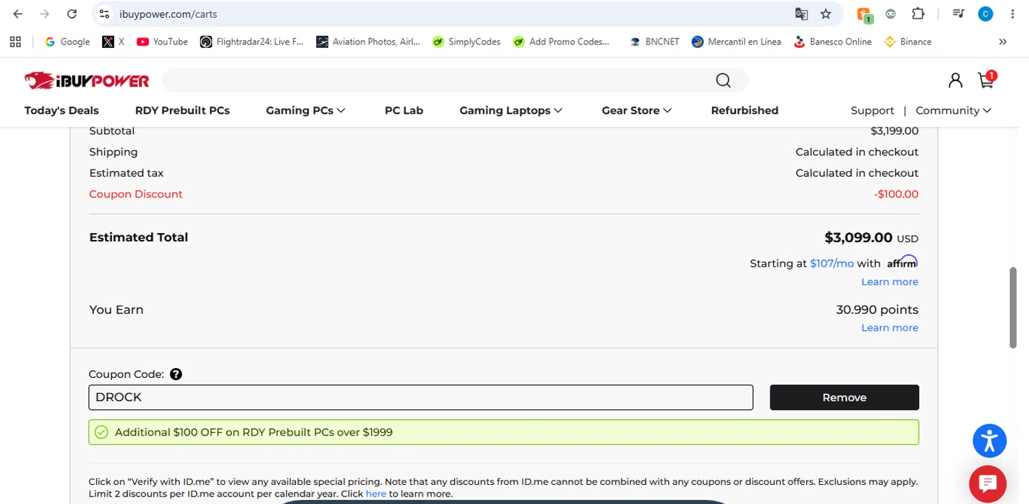 iBUYPOWER promo code screenshot showing code DROCK applied at iBUYPOWER checkout page. Uploaded by SimplyCodes community member victor on Jun 2, 2026