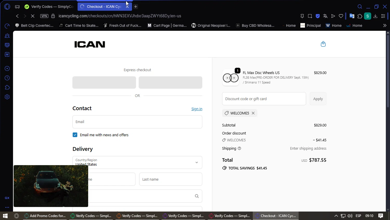 ICAN Cycling discount code screenshot showing code welcome5 applied at ICAN Cycling checkout page. Uploaded by SimplyCodes community member PennyFox1280 on Sep 21, 2025