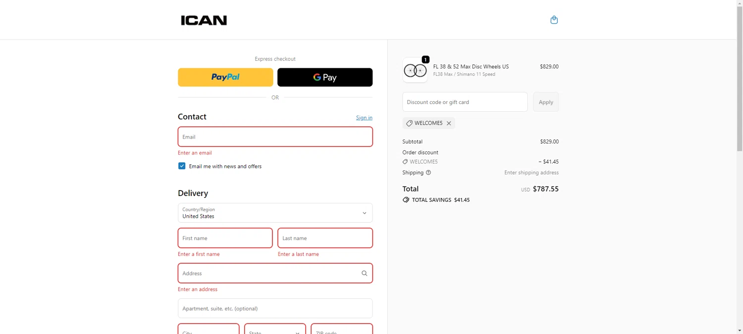 ICAN Cycling discount code screenshot showing code welcome5 applied at ICAN Cycling checkout page. Uploaded by SimplyCodes community member RewardTitan728 on Nov 30, 2025