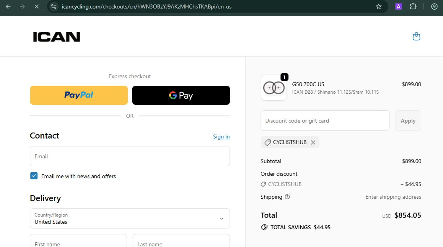ICAN Cycling discount code screenshot showing code CYCLISTSHUB applied at ICAN Cycling checkout page. Uploaded by SimplyCodes community member MARCVH on Sep 25, 2025