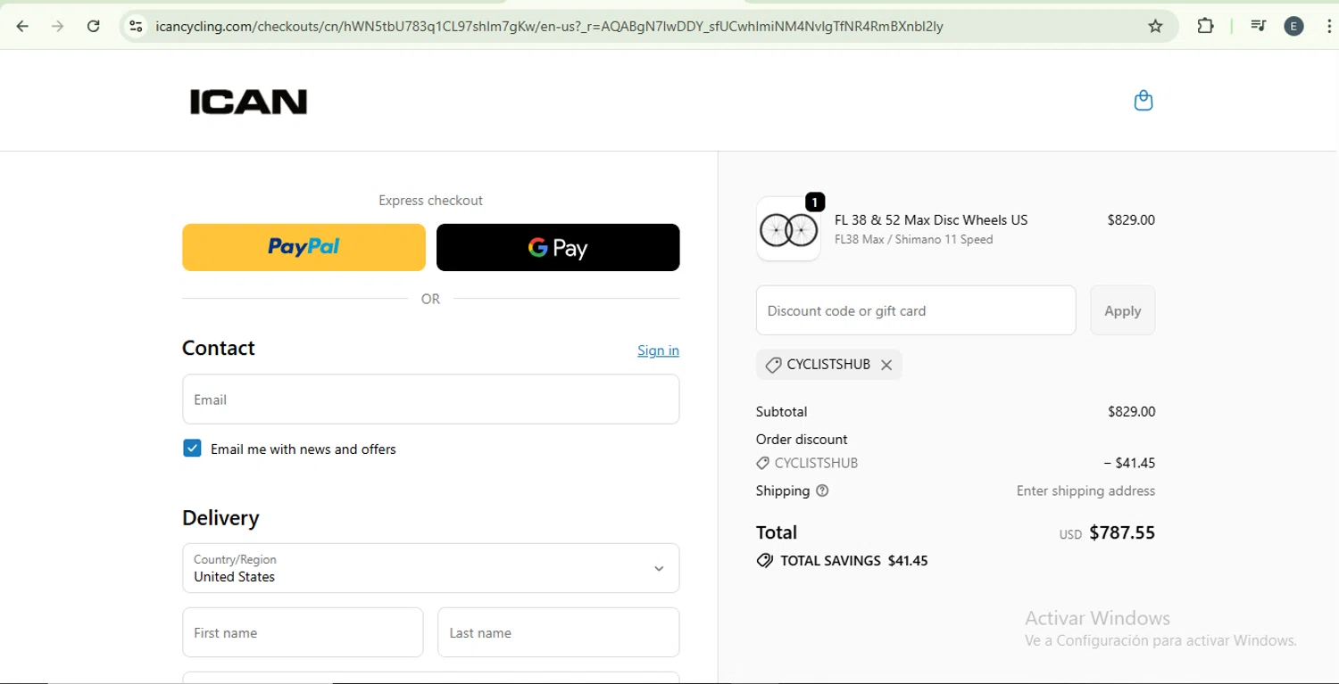ICAN Cycling discount code screenshot showing code CYCLISTSHUB applied at ICAN Cycling checkout page. Uploaded by SimplyCodes community member SilverKnight4465 on Nov 30, 2025