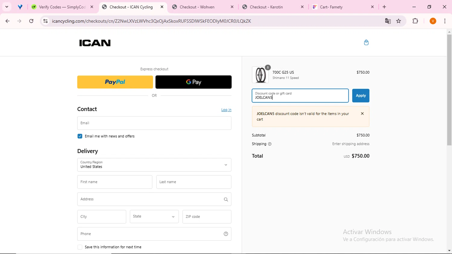 ICAN Cycling discount code screenshot showing code JOELCAN5 applied at ICAN Cycling checkout page. Uploaded by SimplyCodes community member FortunateFinder9465 on Jan 20, 2025