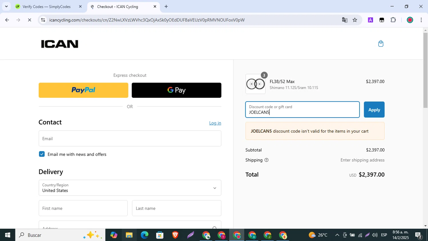 ICAN Cycling discount code screenshot showing code JOELCAN5 applied at ICAN Cycling checkout page. Uploaded by SimplyCodes community member BrilliantLynx1642 on Feb 14, 2025