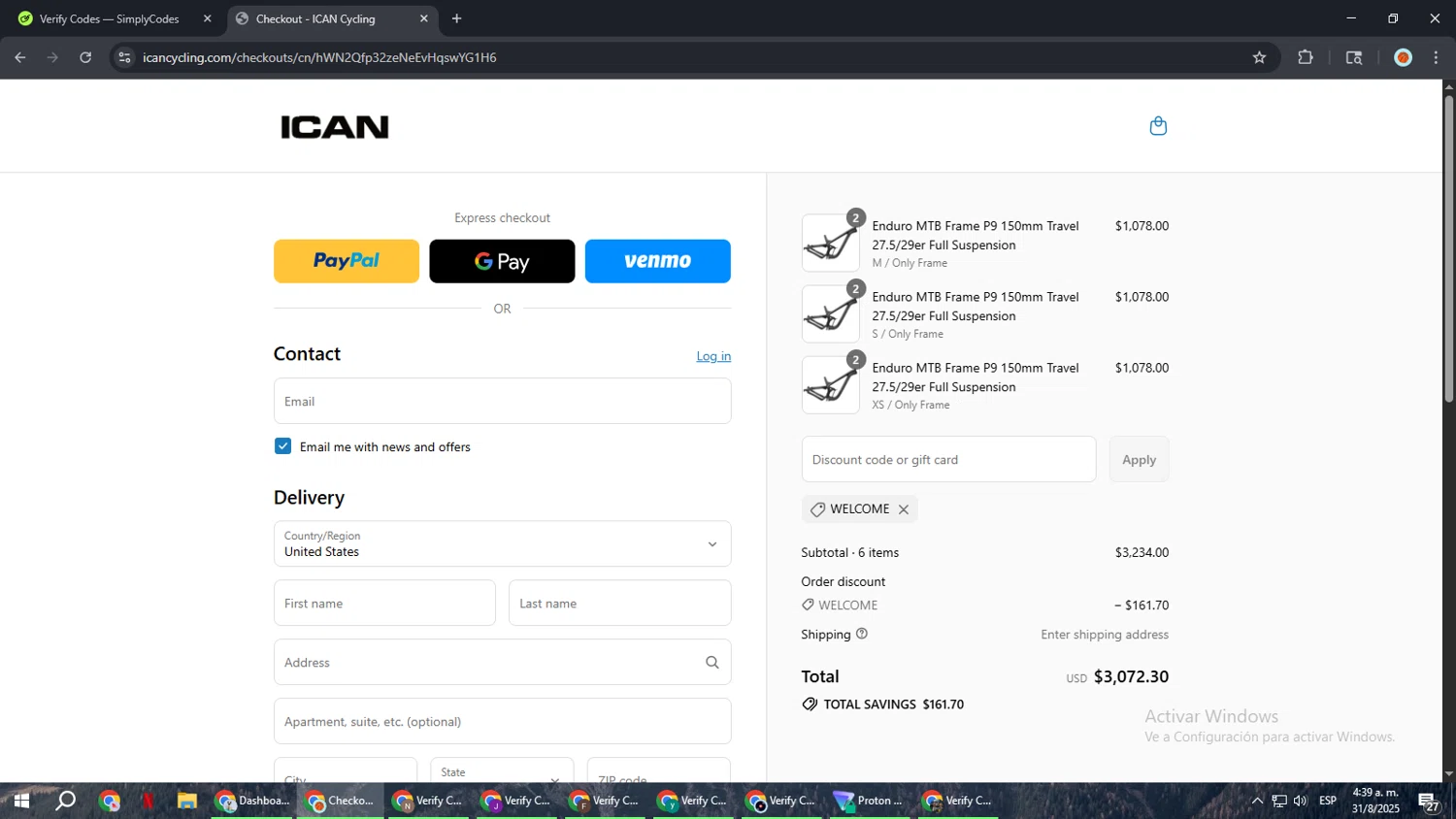 ICAN Cycling discount code screenshot showing code WELCOME applied at ICAN Cycling checkout page. Uploaded by SimplyCodes community member BonusCaptain9927 on Aug 31, 2025