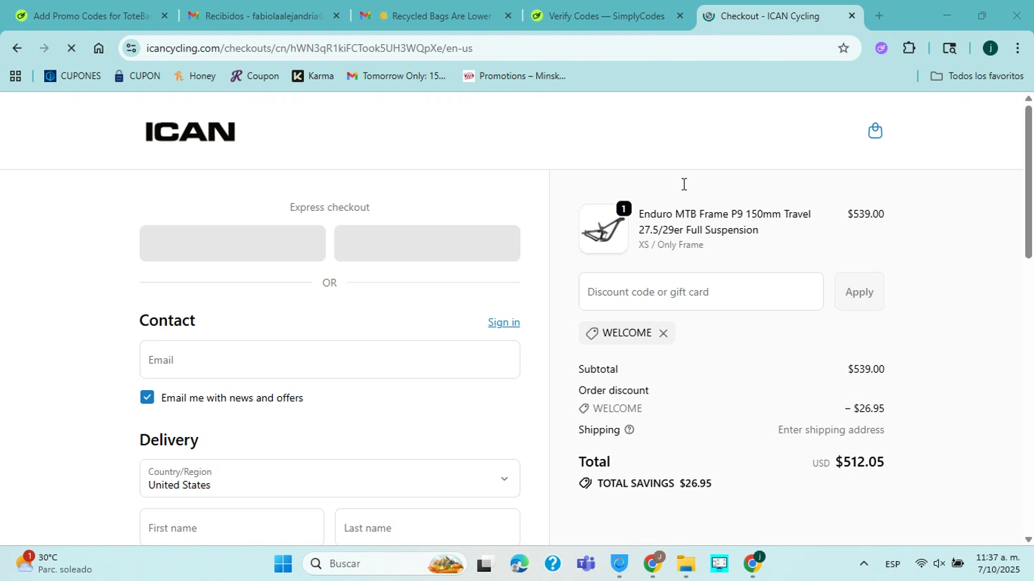 ICAN Cycling discount code screenshot showing code WELCOME applied at ICAN Cycling checkout page. Uploaded by SimplyCodes community member jorgejavierherrera on Oct 7, 2025