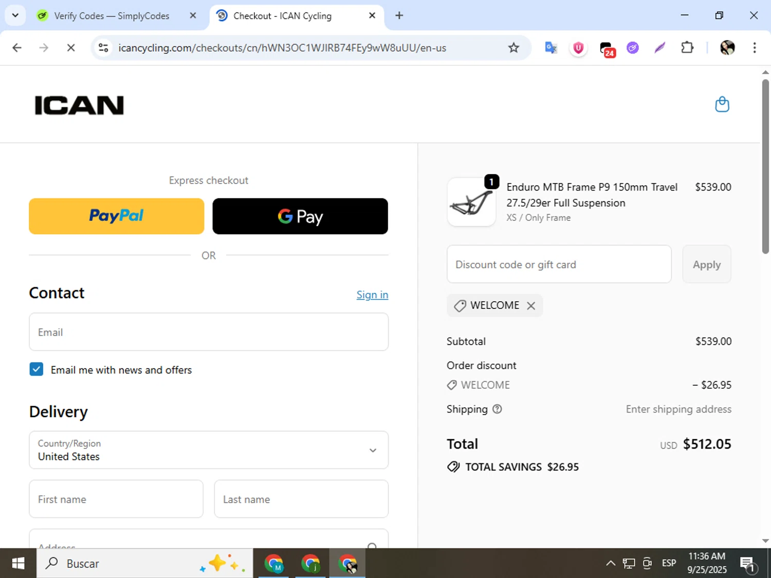 ICAN Cycling discount code screenshot showing code WELCOME applied at ICAN Cycling checkout page. Uploaded by SimplyCodes community member mariapolancog on Sep 25, 2025