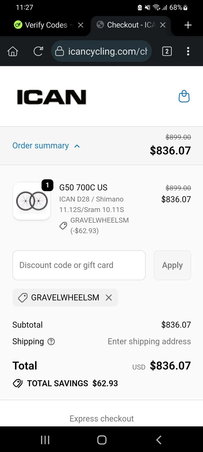 ICAN Cycling discount code screenshot showing code GRAVELWHEELSM applied at ICAN Cycling checkout page. Uploaded by SimplyCodes community member VillaloboY on Oct 7, 2025