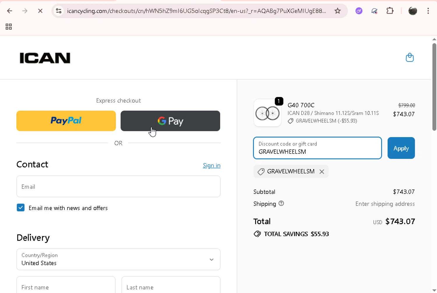 ICAN Cycling discount code screenshot showing code GRAVELWHEELSM applied at ICAN Cycling checkout page. Uploaded by SimplyCodes community member onebullet on Nov 25, 2025
