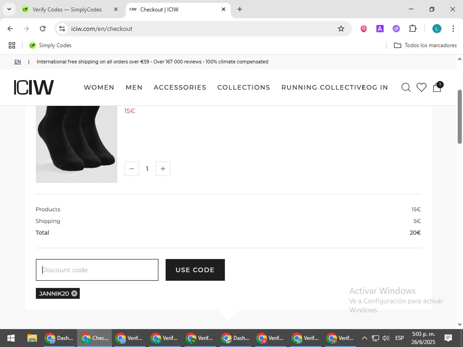 ICANIWILL discount code screenshot showing code jannik20 applied at ICANIWILL checkout page. Uploaded by SimplyCodes community member LuckyLegend792 on Jun 26, 2025