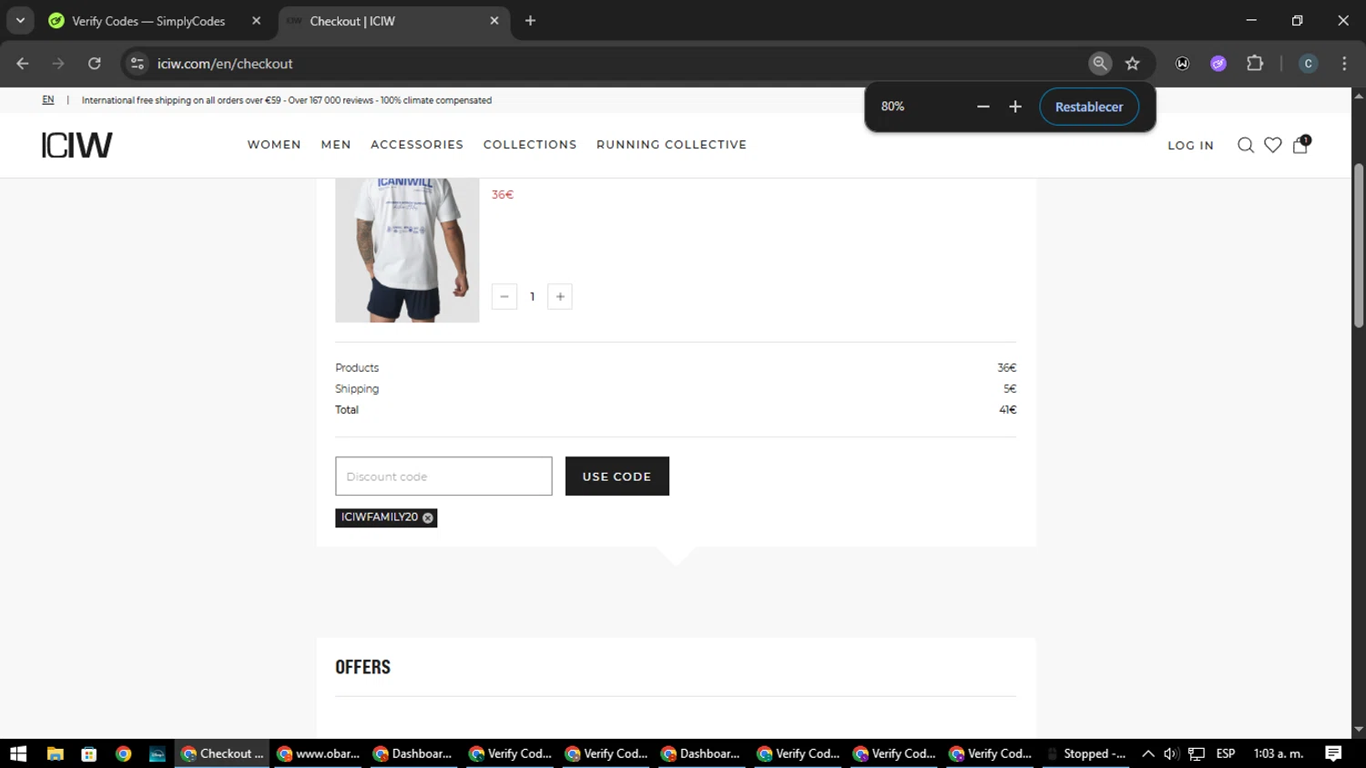 ICANIWILL discount code screenshot showing code ICIWFAMILY20 applied at ICANIWILL checkout page. Uploaded by SimplyCodes community member Nata_Montana on Jun 26, 2025
