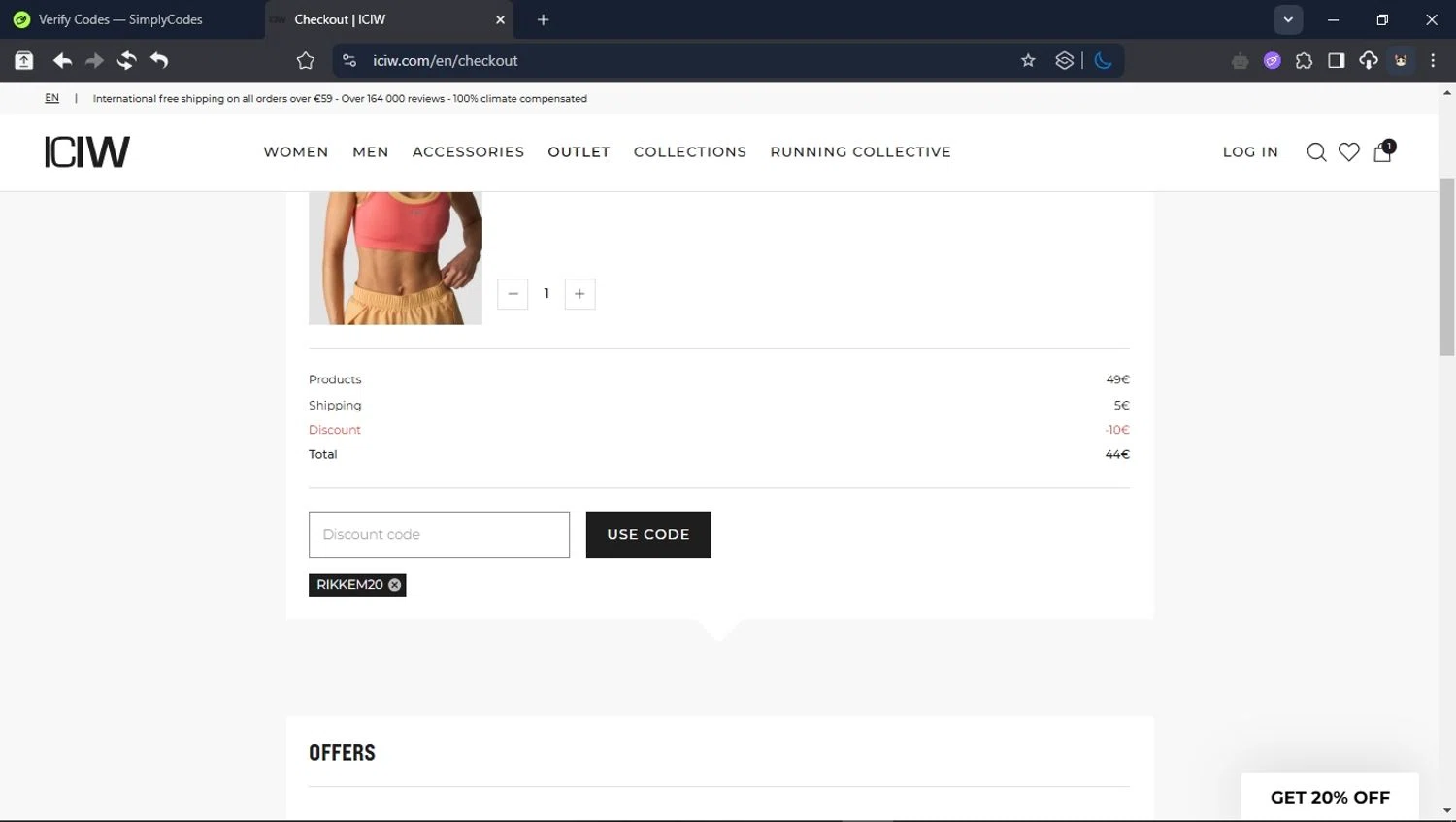 ICANIWILL discount code screenshot showing code RIKKEM20 applied at ICANIWILL checkout page. Uploaded by SimplyCodes community member PromoSpotter1784 on May 22, 2025