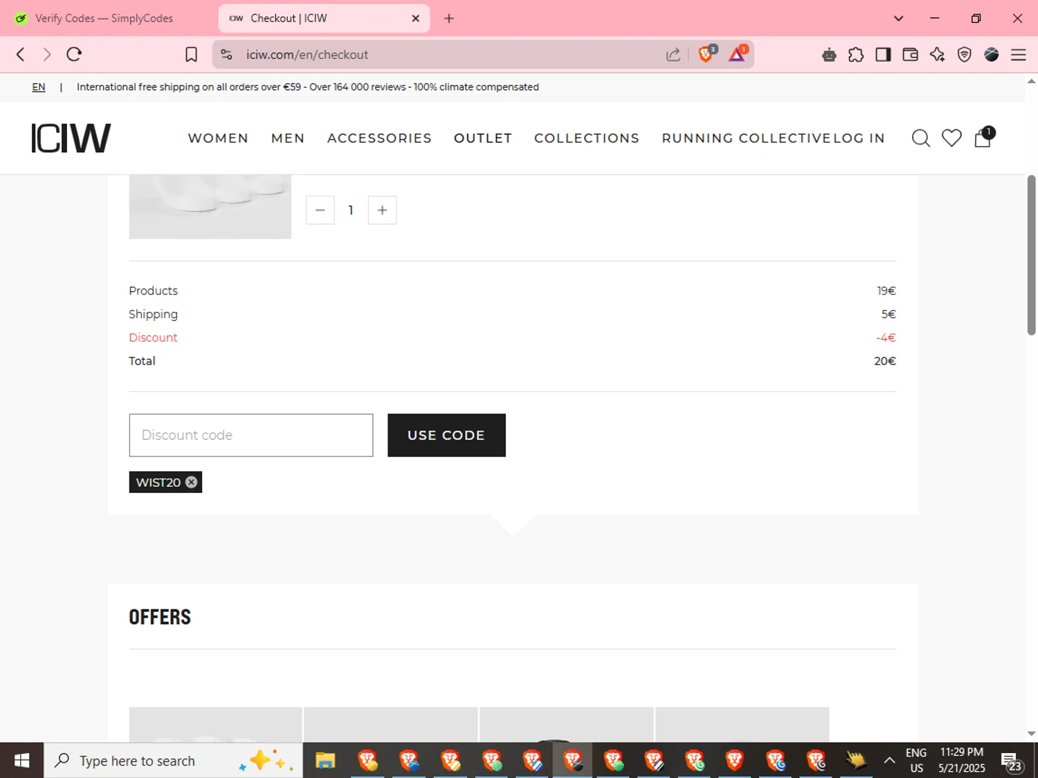 ICANIWILL discount code screenshot showing code WIST20 applied at ICANIWILL checkout page. Uploaded by SimplyCodes community member MoneyFinder955 on May 22, 2025