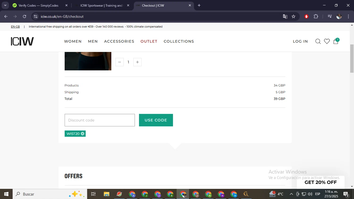 ICANIWILL discount code screenshot showing code WIST20 applied at ICANIWILL checkout page. Uploaded by SimplyCodes community member eliholuiscampos1 on Mar 27, 2025