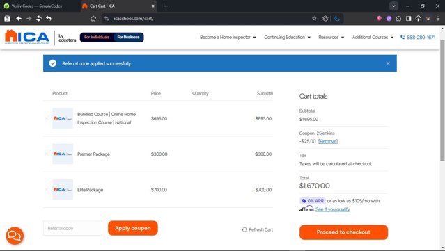 ICA School checkout page showing ICA School promo code box | Screenshot taken by SimplyCodes community member on Jun 20, 2025