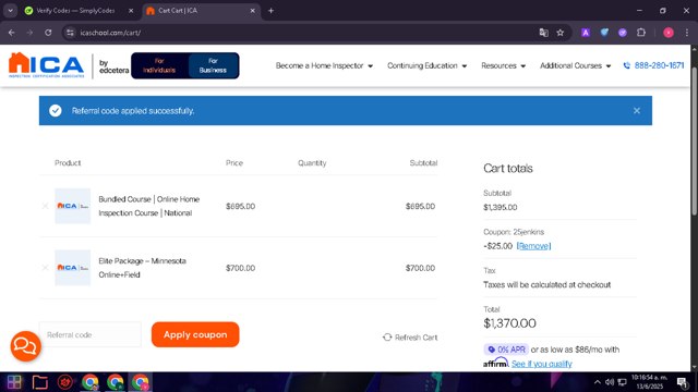 ICA School checkout page showing ICA School promo code box | Screenshot taken by SimplyCodes community member on Jun 13, 2025