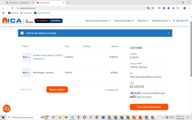 ICA School checkout page showing ICA School promo code box | Screenshot taken by SimplyCodes community member on Jun 13, 2025