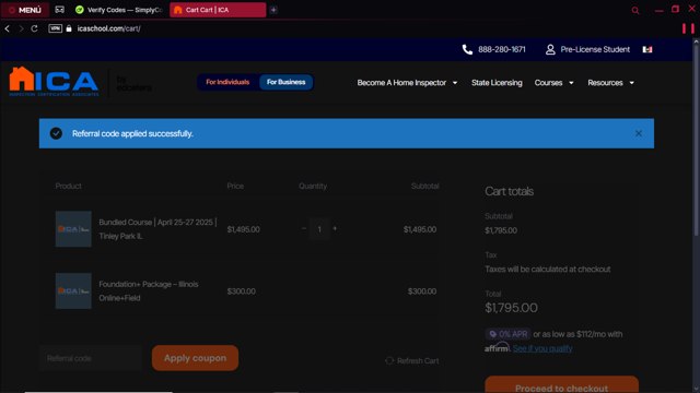 ICA School checkout page showing ICA School promo code box | Screenshot taken by SimplyCodes community member on Apr 16, 2025