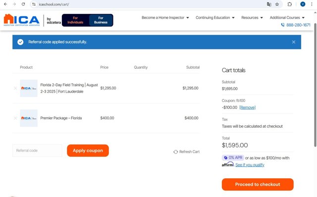 ICA School checkout page showing ICA School promo code box | Screenshot taken by SimplyCodes community member on Jun 29, 2025