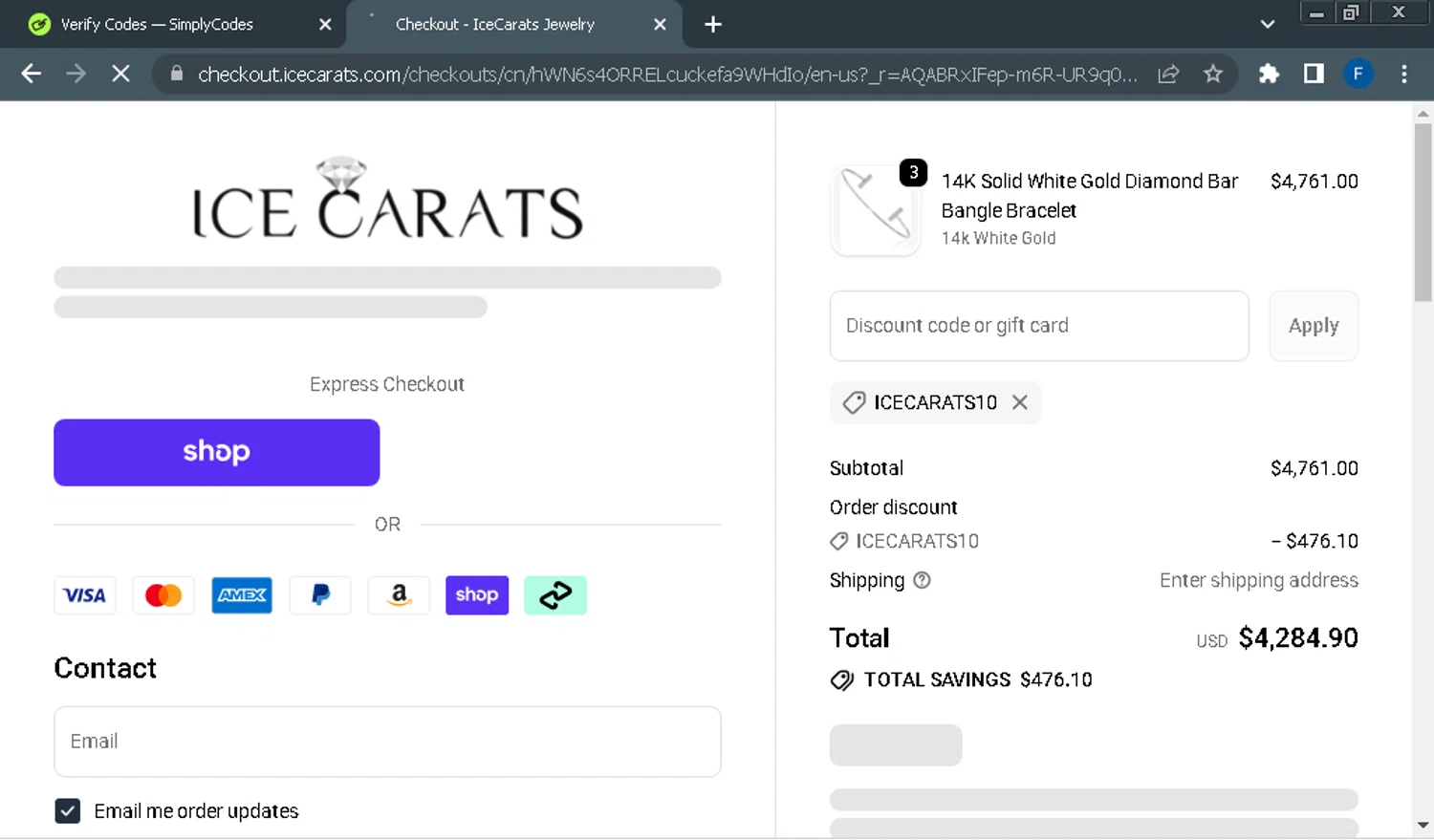 IceCarats discount code screenshot showing code ICECARATS10 applied at IceCarats checkout page. Uploaded by SimplyCodes community member Fraimer on Dec 26, 2025