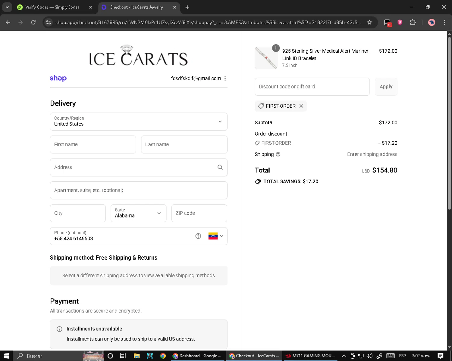 IceCarats discount code screenshot showing code FIRST-ORDER applied at IceCarats checkout page. Uploaded by SimplyCodes community member Cynoxx on Aug 29, 2025