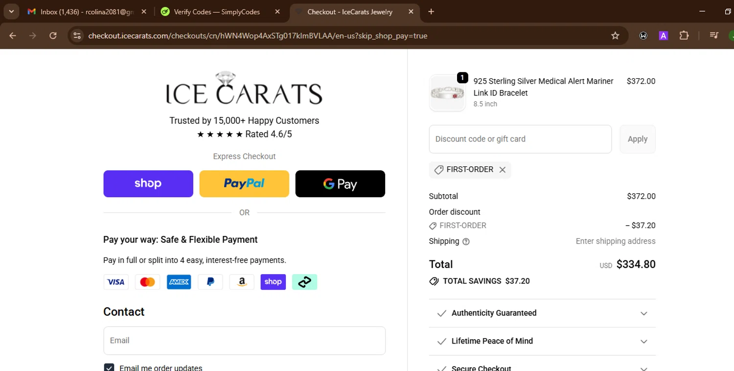 IceCarats discount code screenshot showing code FIRST-ORDER applied at IceCarats checkout page. Uploaded by SimplyCodes community member SnoopDogg on Oct 25, 2025